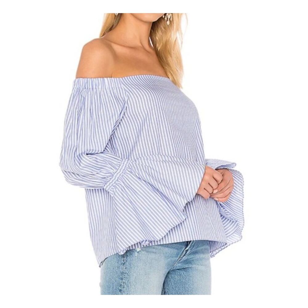 Alexis Juniper Off-the-Shoulder Top in Blue Stripe. Size S
